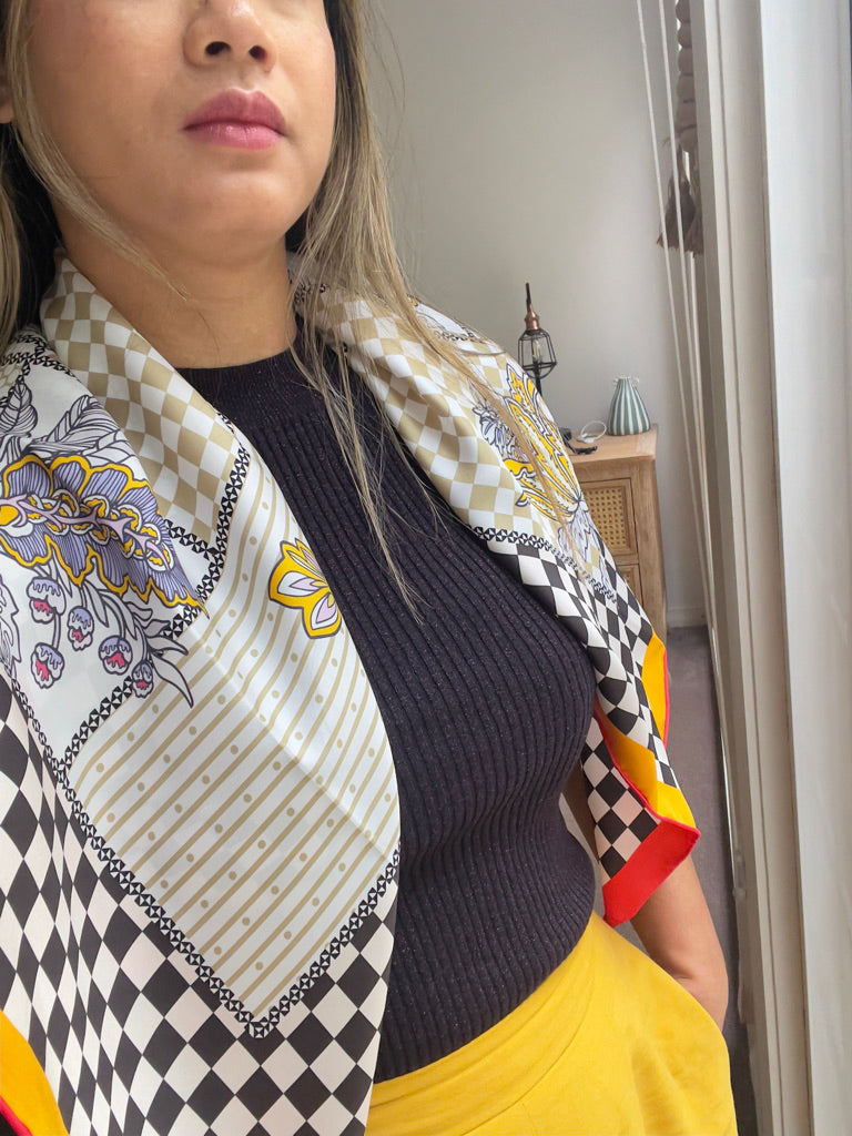 Checkerboard Bloom Carré Silk Scarf Around the Shoulder