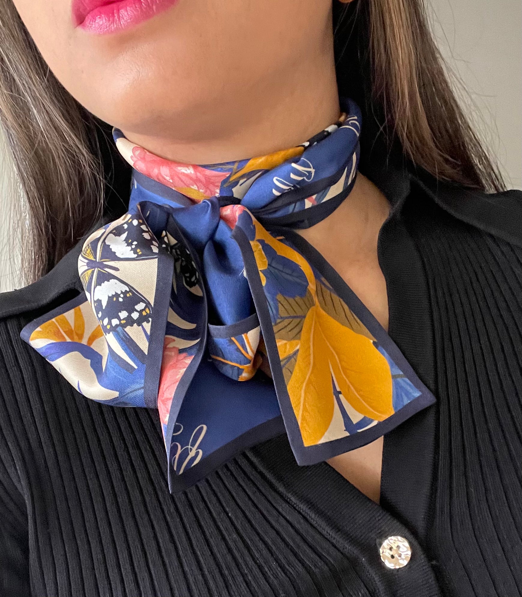 Butterfly Royale Silk Twilly Scarf Around the Neck