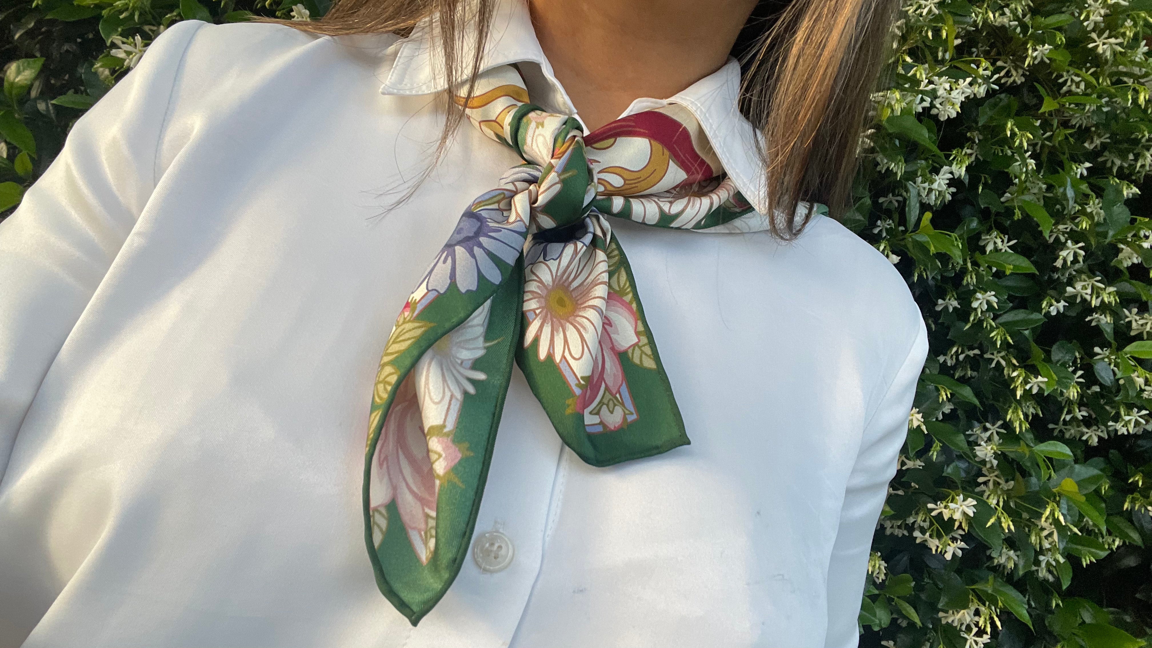 Catwalk Charm Silk Scarf on neck