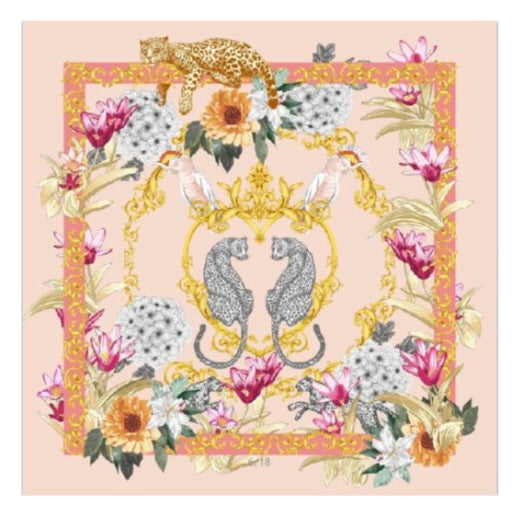 Wild Grace Carré Silk Scarf Front with cheetahs, floral patterns, and gold accents
