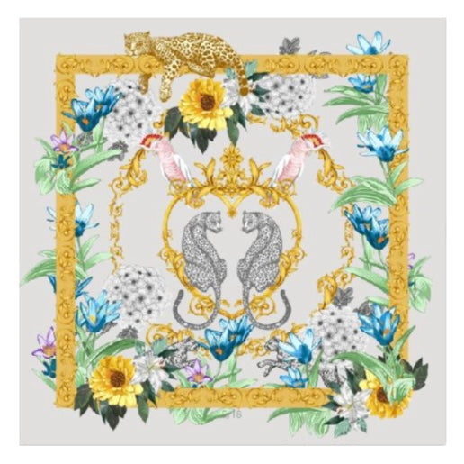 Wild Grace Carré Silk Scarf Back with cheetahs, floral patterns, and gold accents