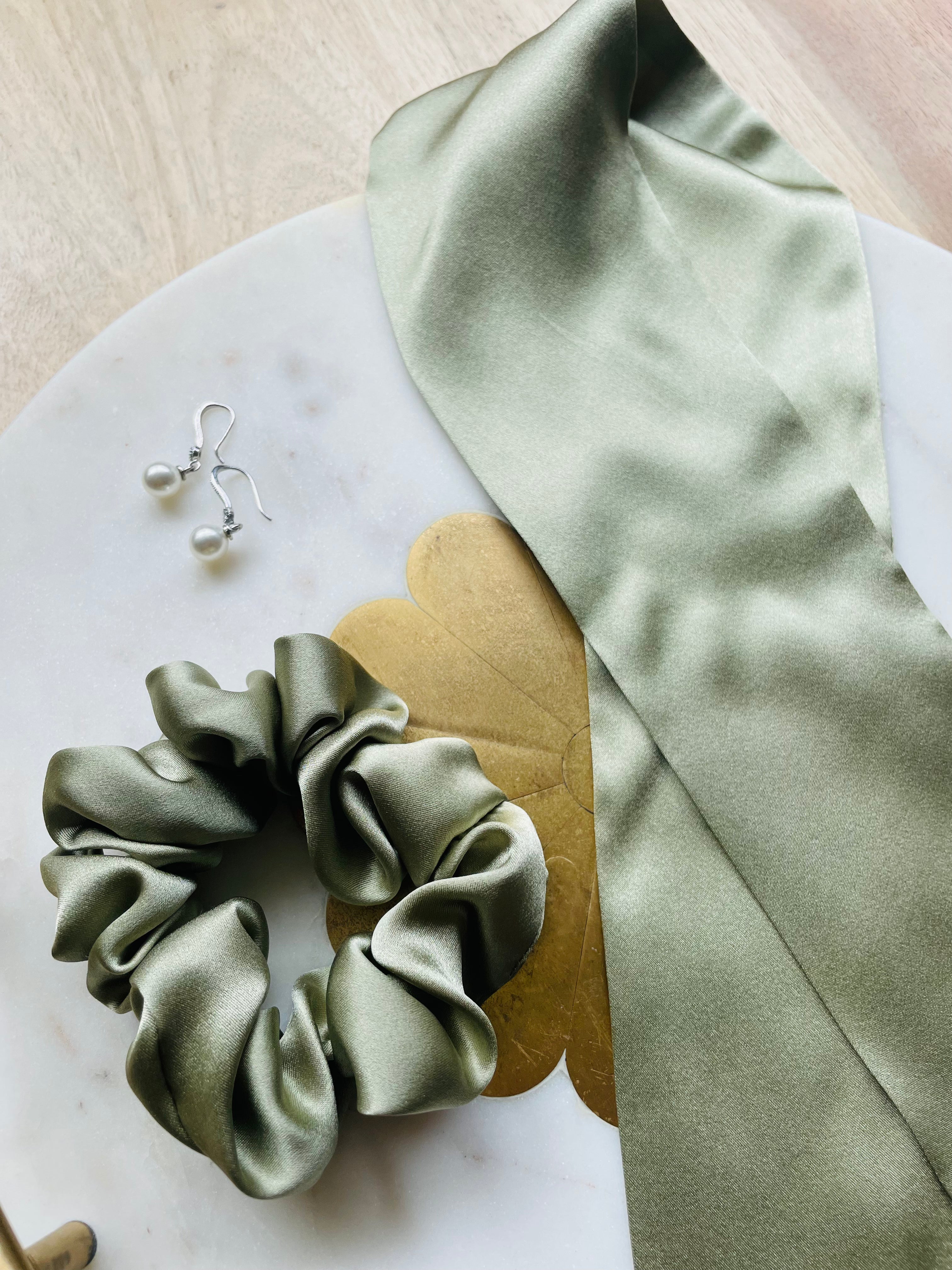 Bowtique Silk Scrunchie Green Bean Two Piece Close Image