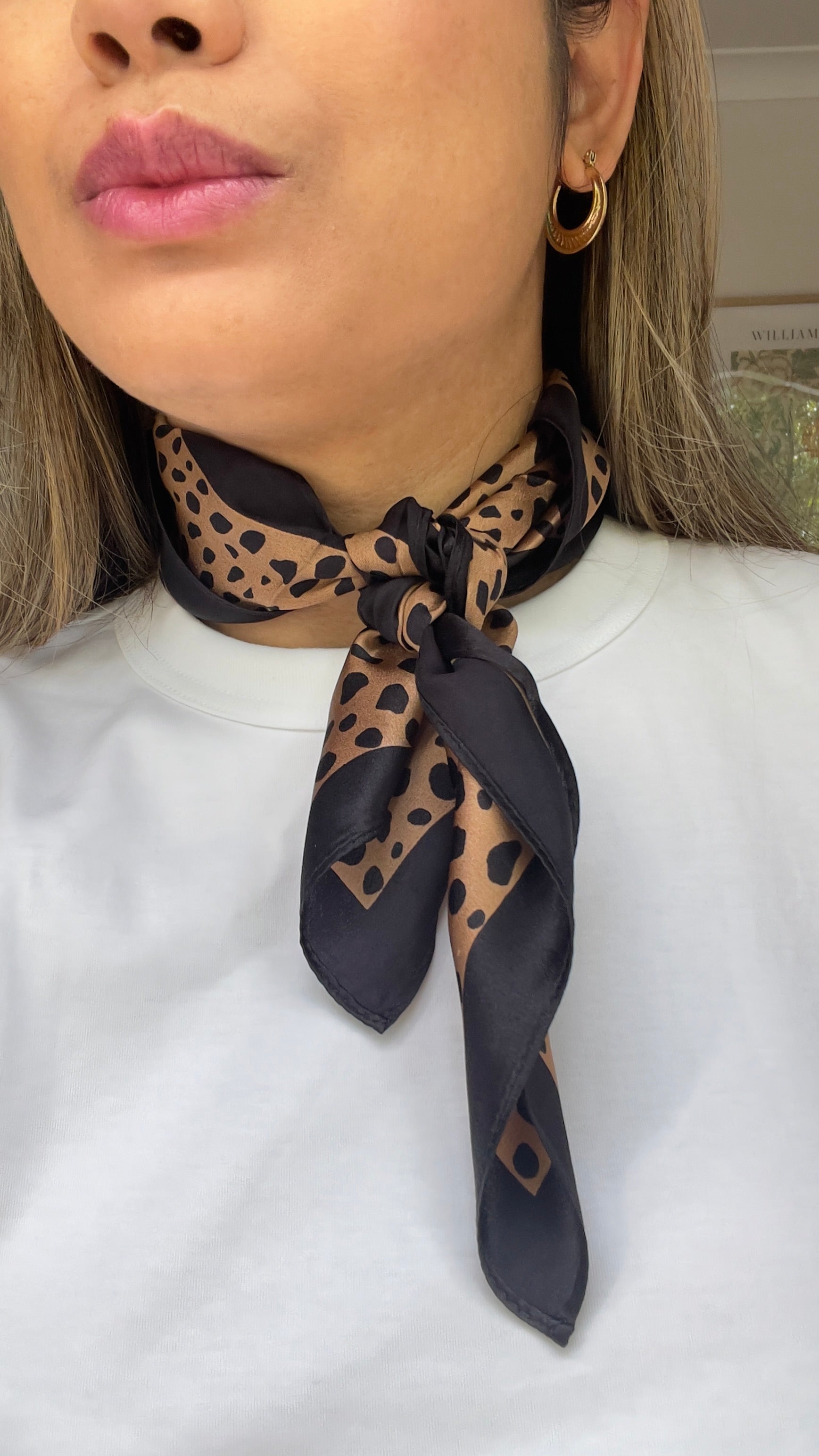 savanna noir silk scarf tied on neck