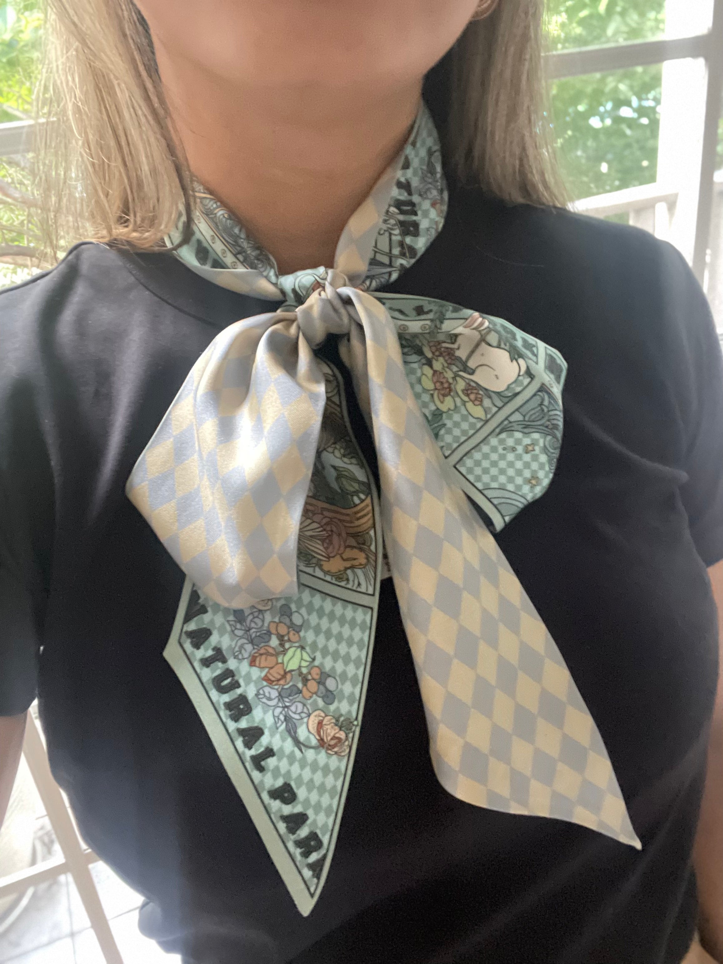 Enchanted Trail Silk Twilly styled as a neck scarf