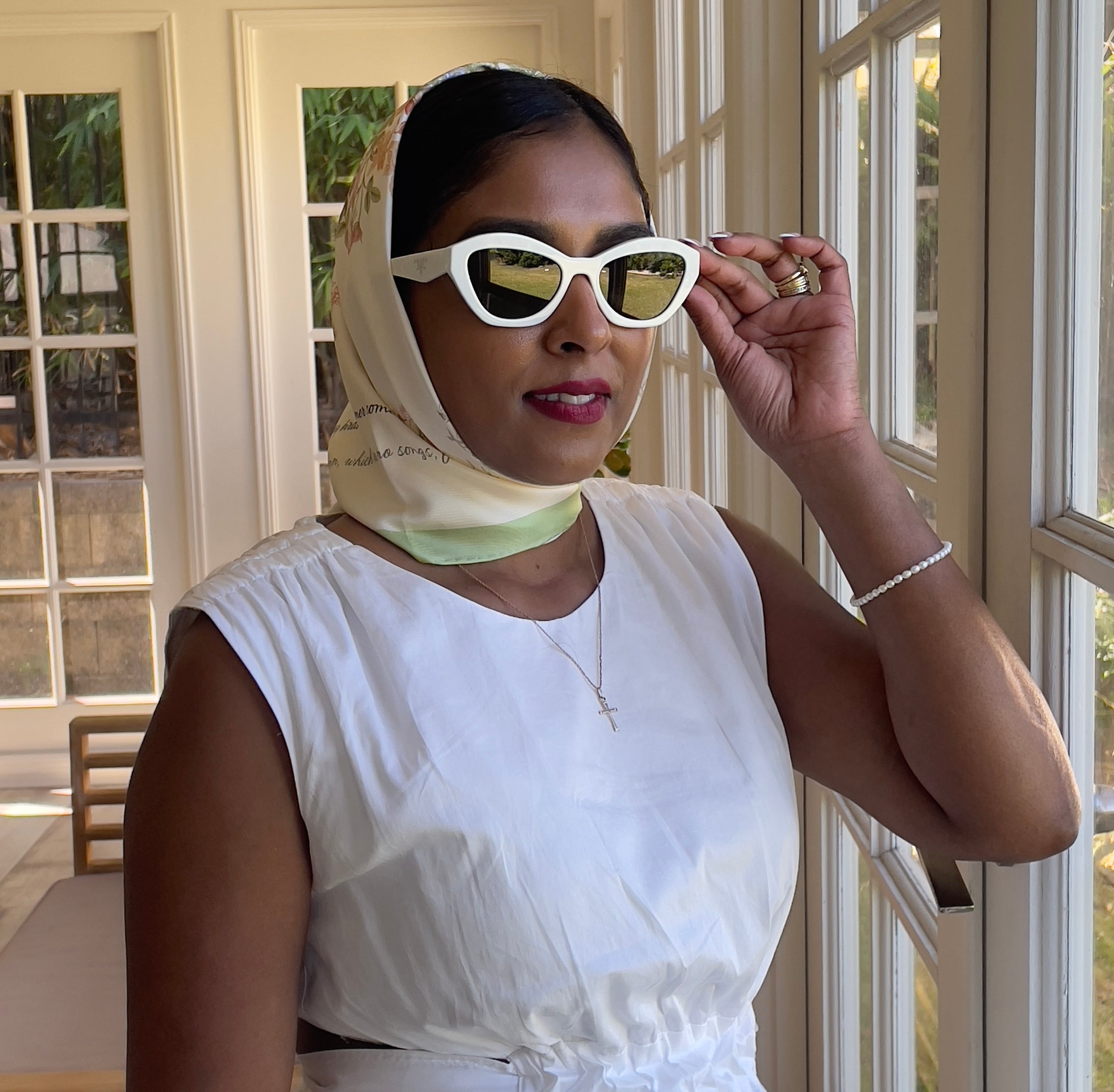 Bloomscape Silk Scarf as head scarf