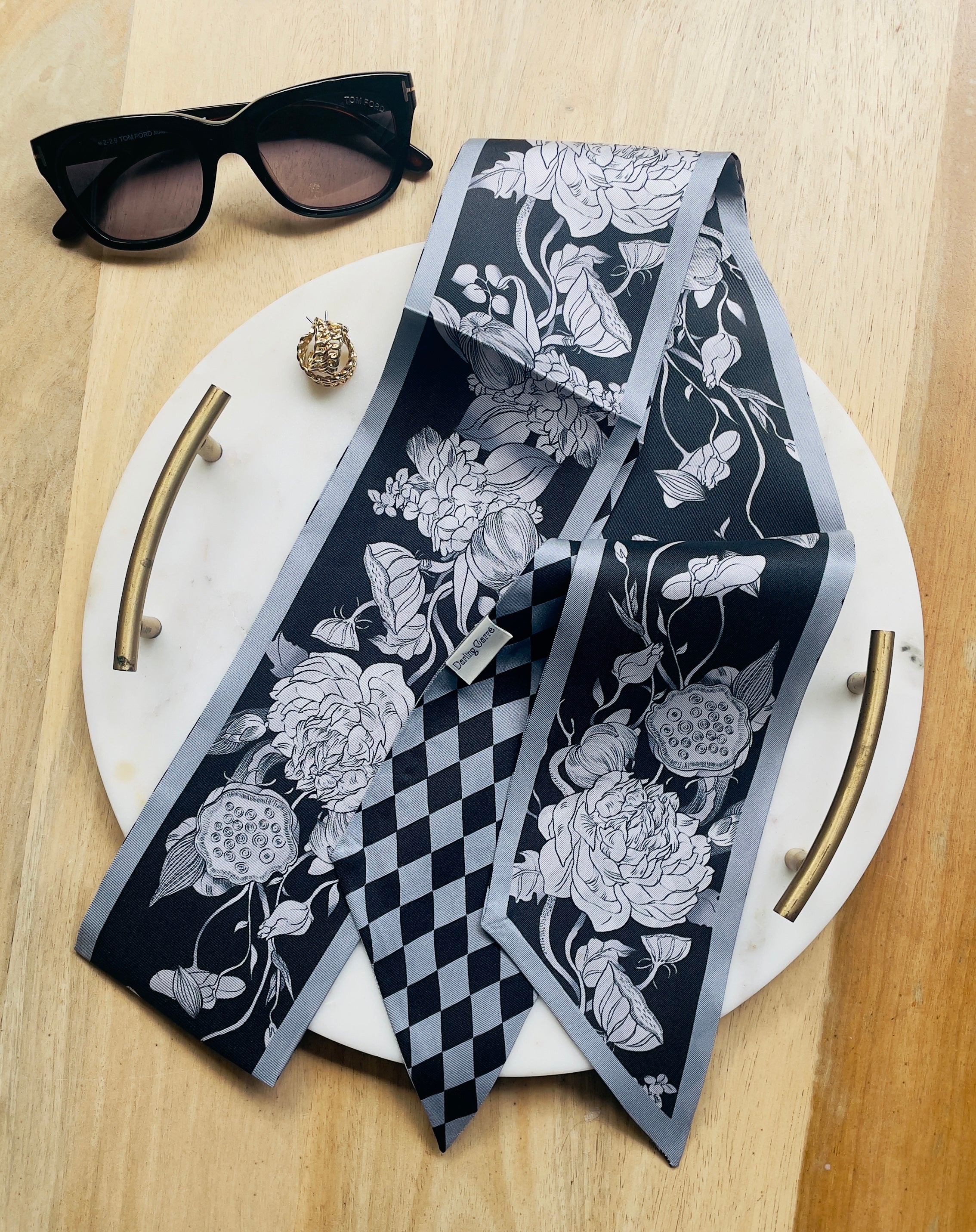 Eclipse Ivy Twilly Silk Scarf reversible floral and diamond pattern