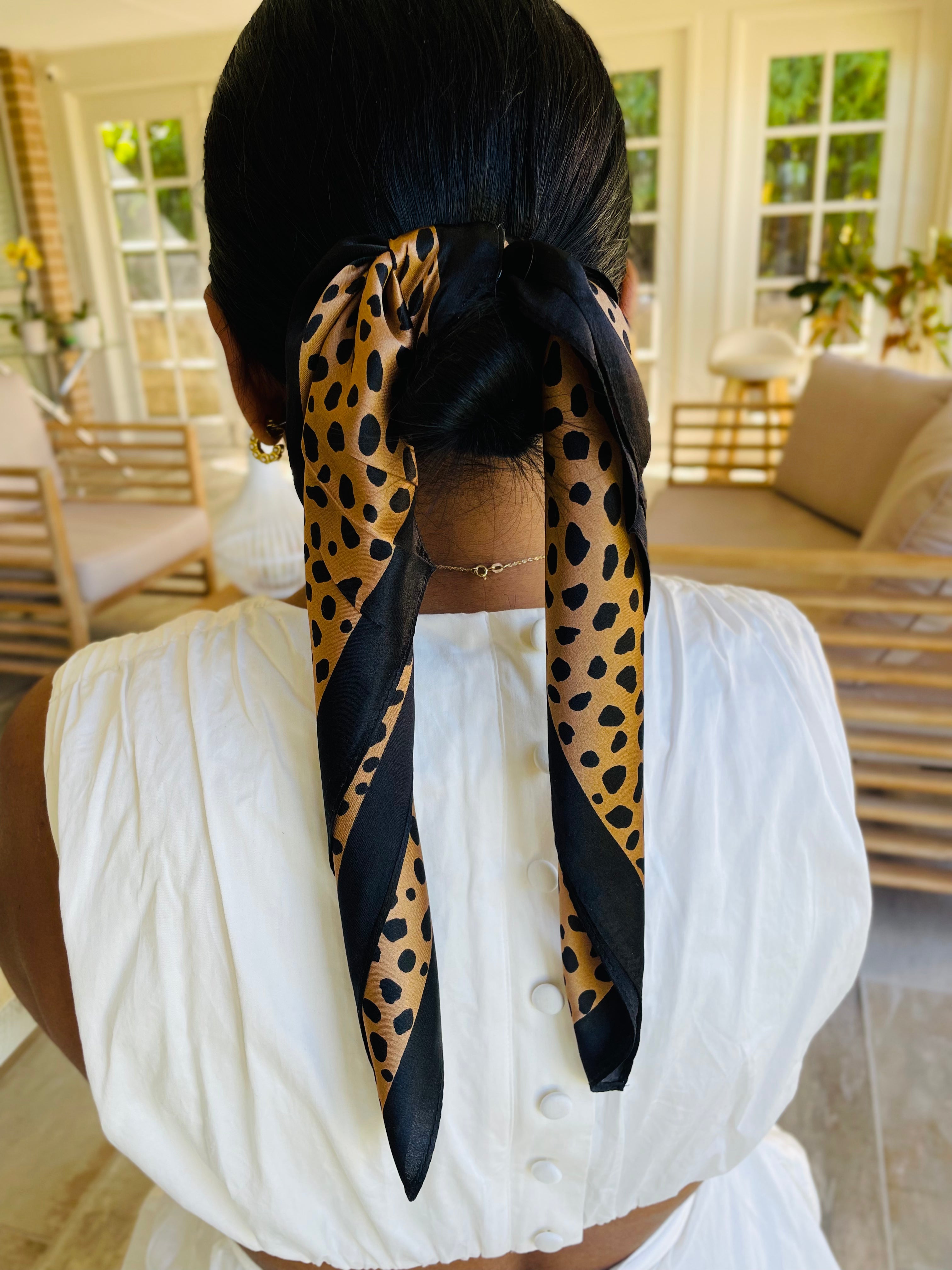 savanna noir silk scarf as hair tie