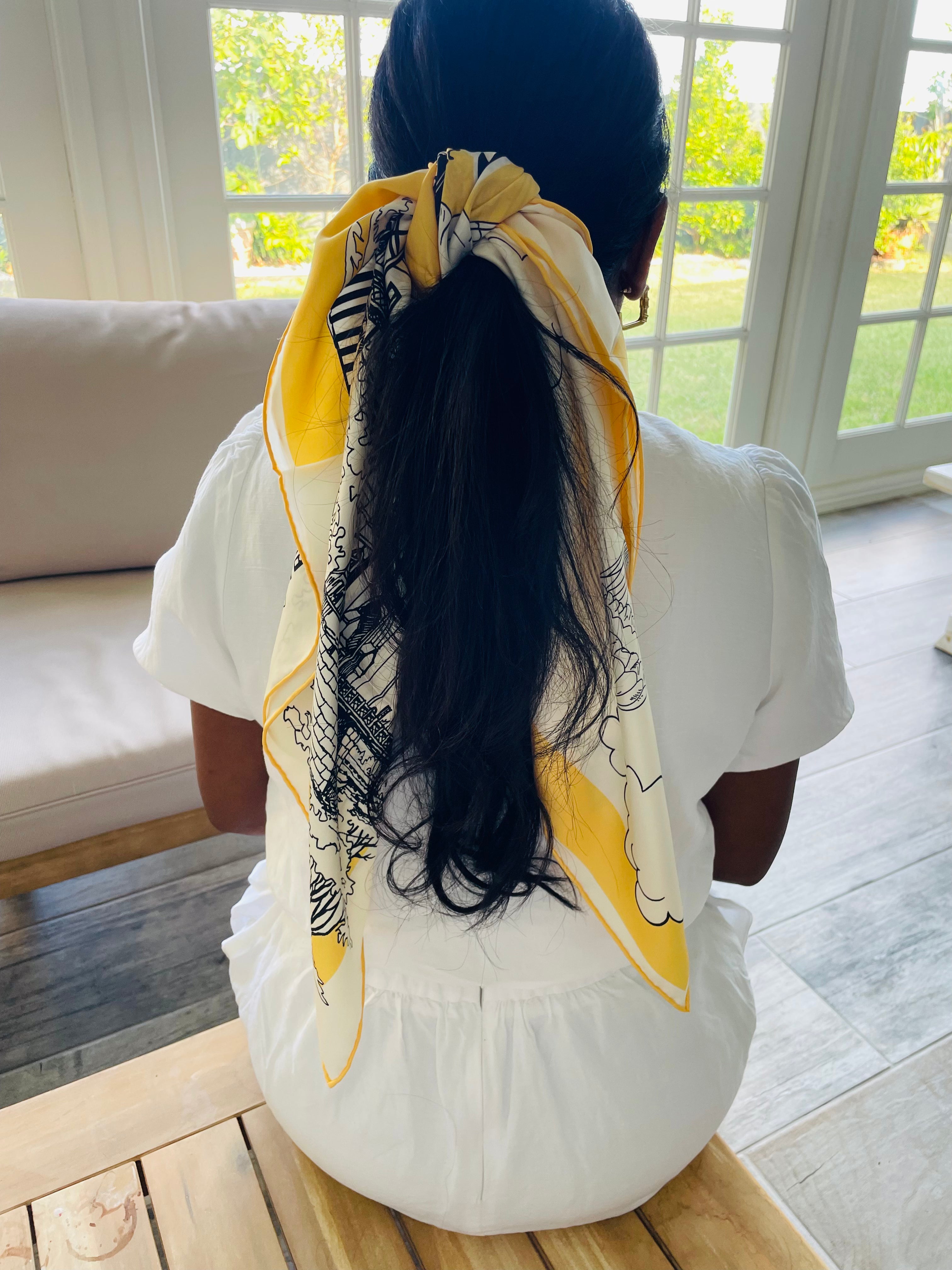london-luxe silk-scarf on ponytail