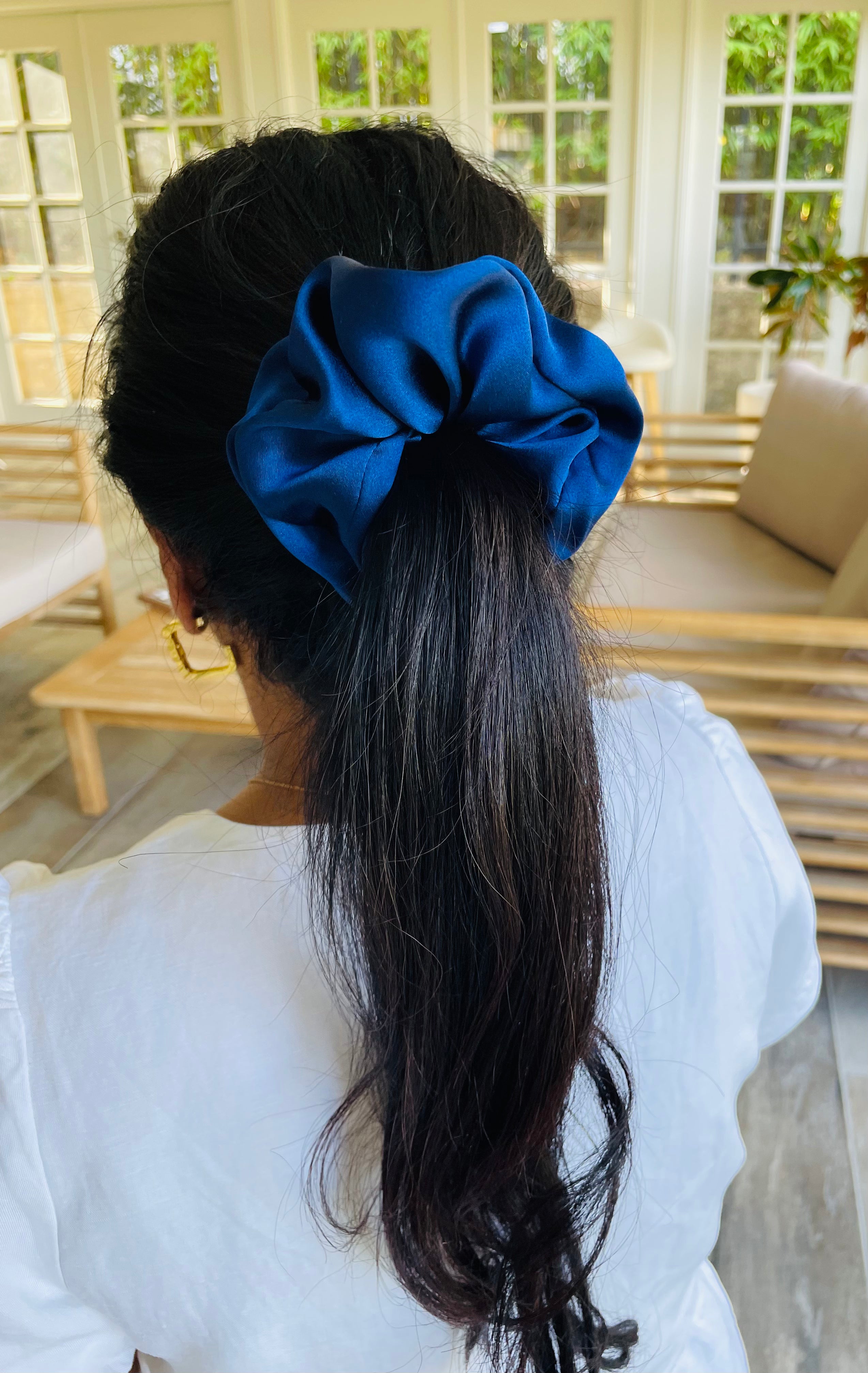 Elegance Up Silk Scrunchie Royal Blue on ponytail